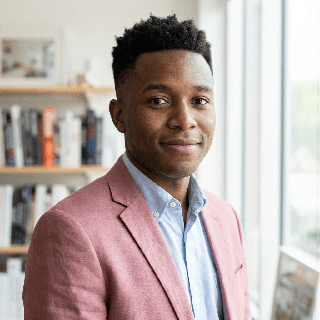 Male event marketing specialist smiling in modern office setting