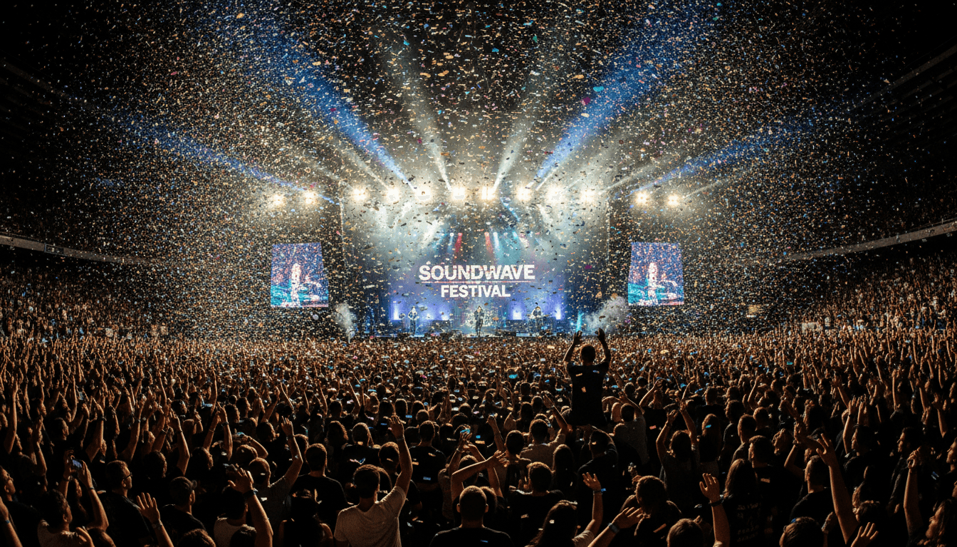 Energetic concert crowd with stage lighting and confetti