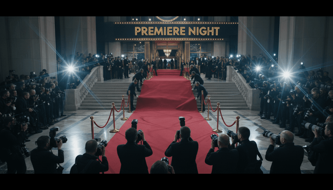 Red carpet setup with camera flashes ready for a high-profile event arrival