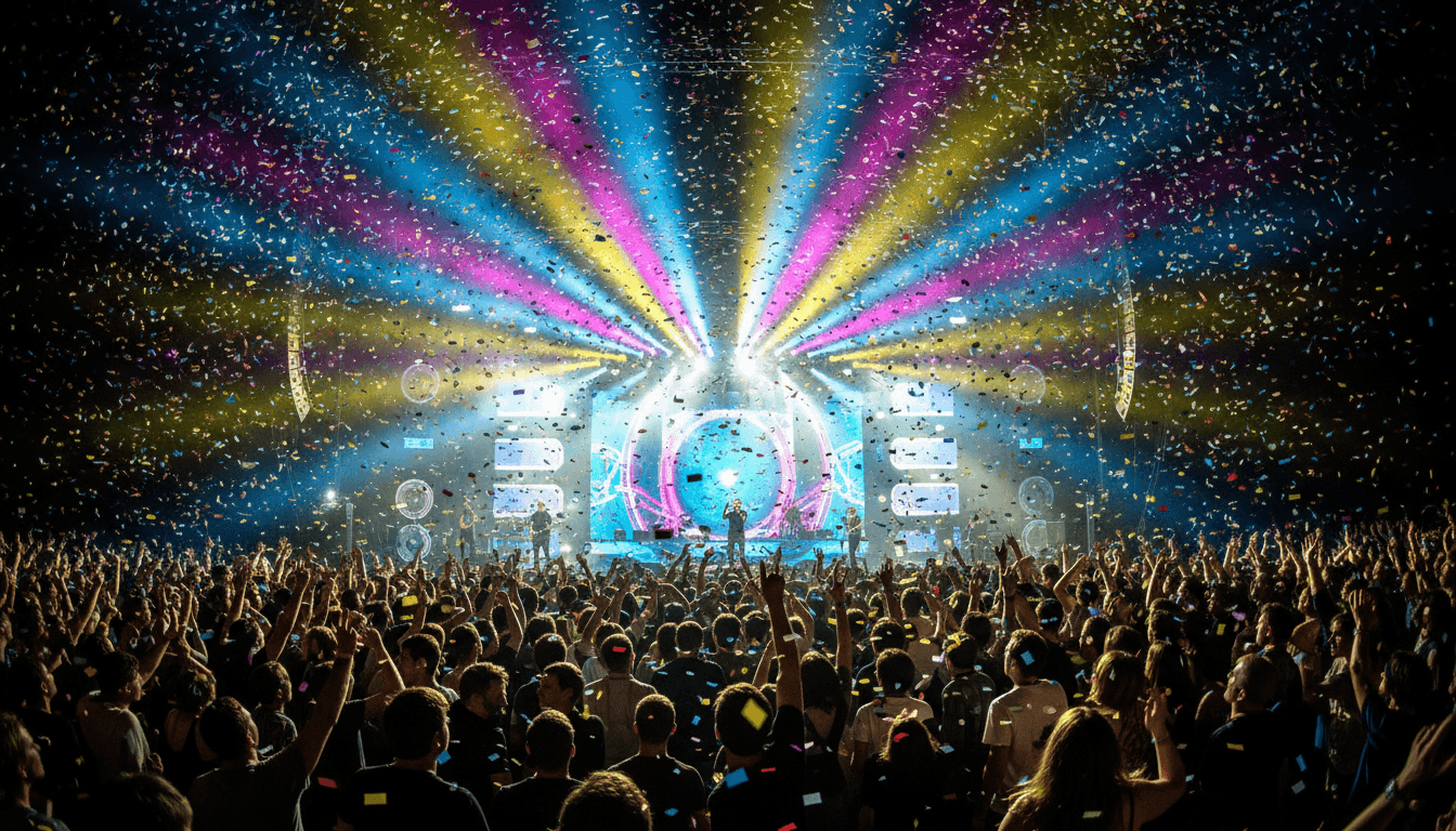 Bright Vegas stage lights with confetti falling over a lively event crowd