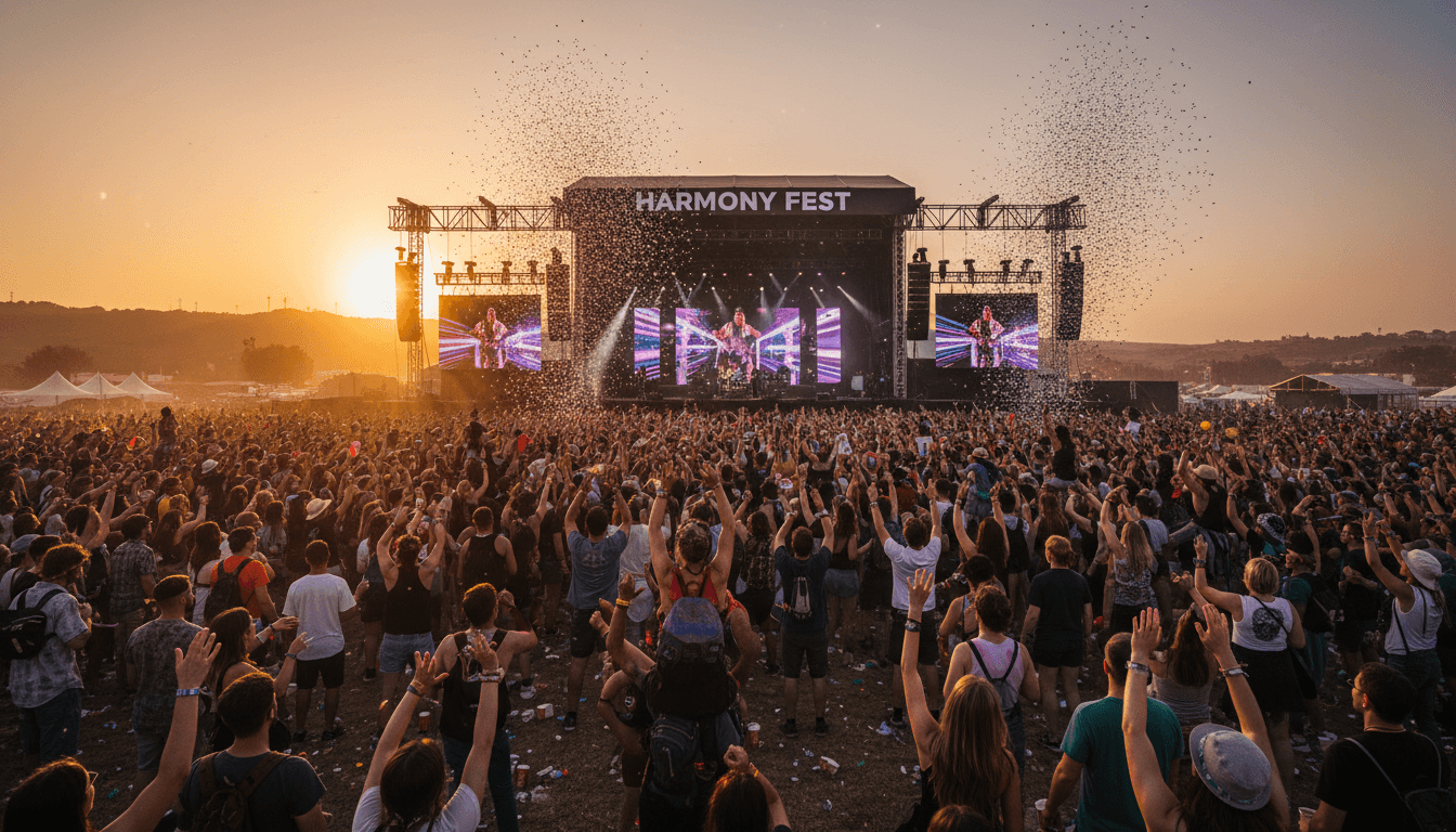 Sunset festival crowd with raised hands at a vibrant outdoor music event