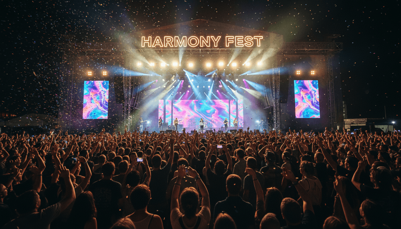 Crowd at a vibrant concert with colorful stage lights