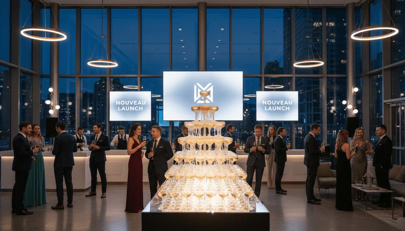 Champagne tower at an upscale product launch evening in a modern venue