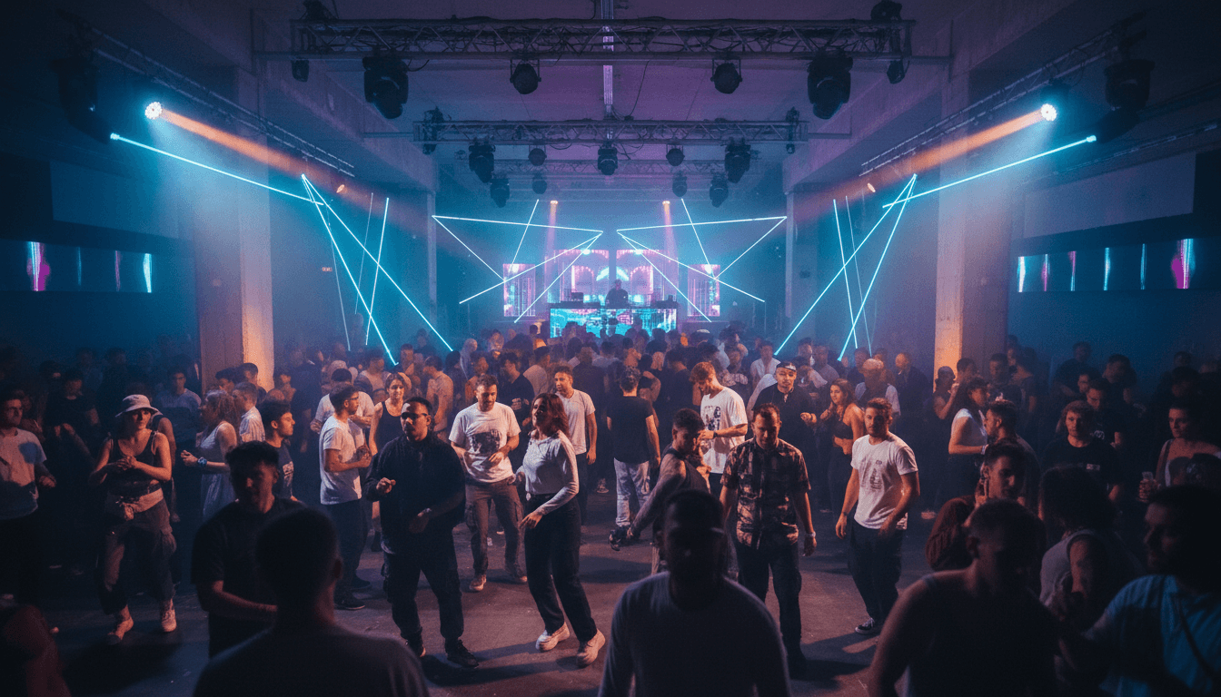 Energetic crowd at a nightclub event with colorful stage lights
