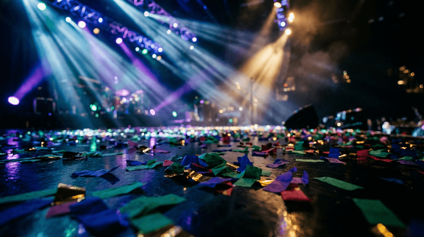Vibrant stage lights and confetti over an excited event audience