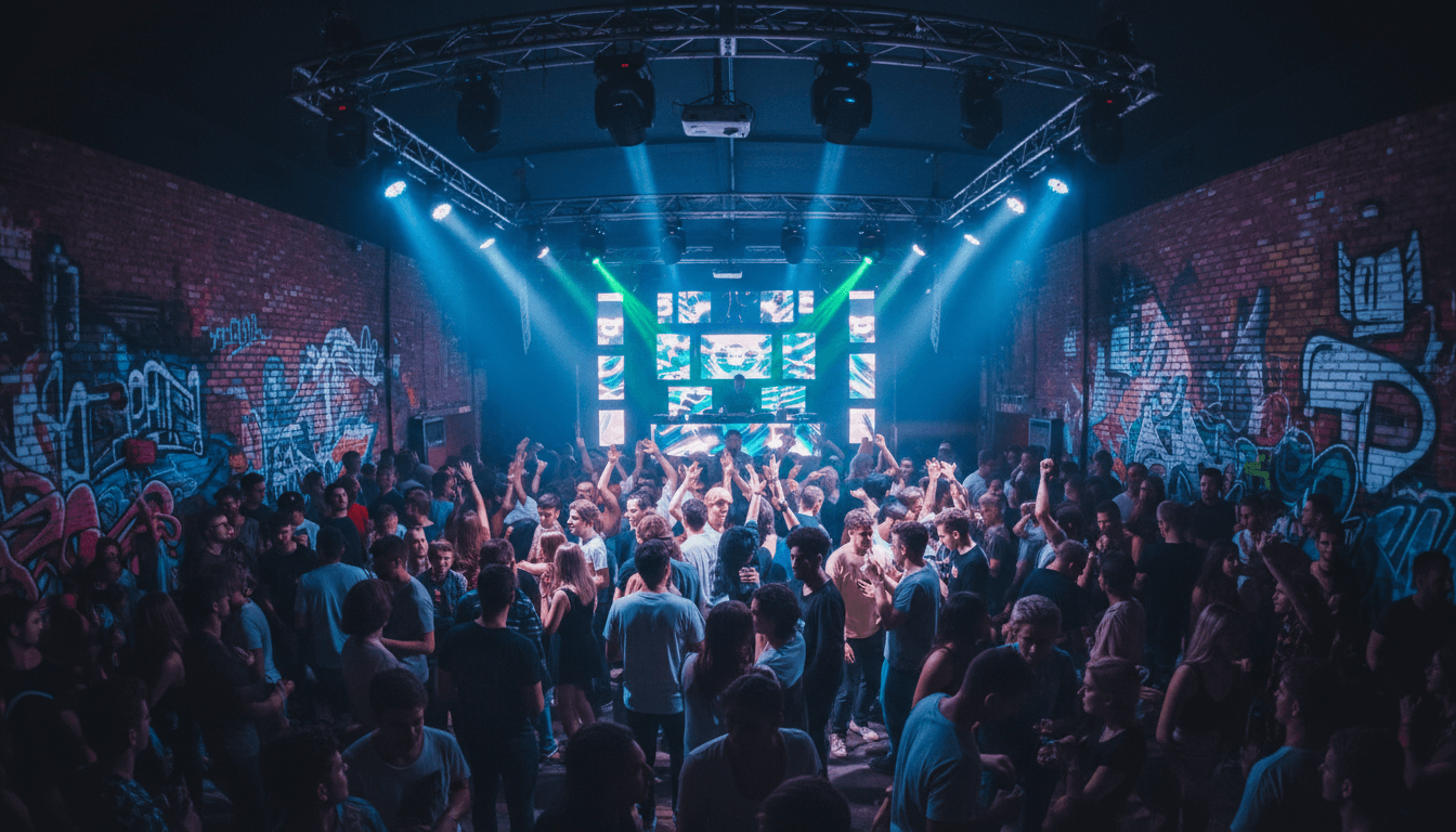 Crowd at a lively event with stage lights