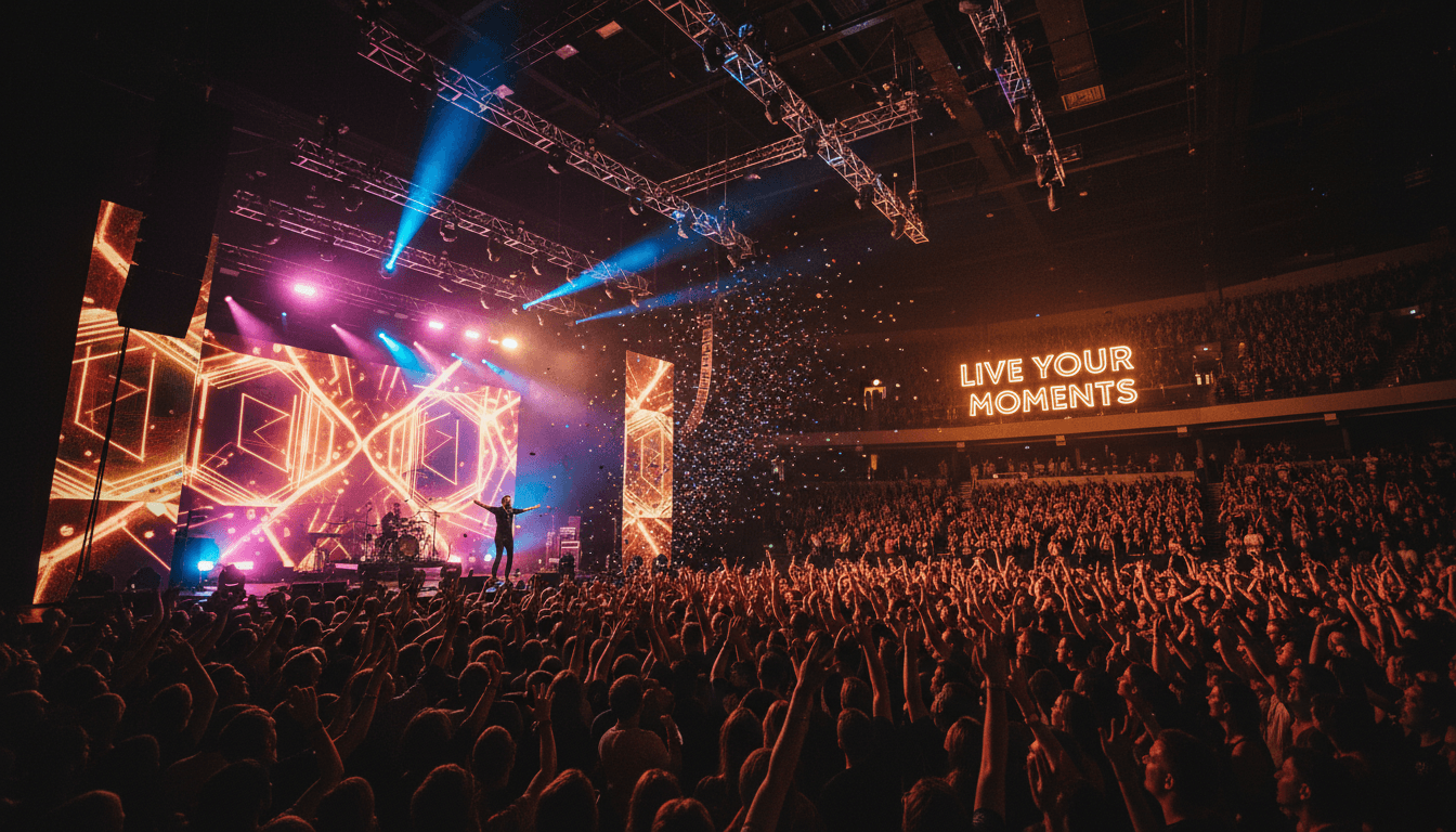 Energized crowd with hands raised under colorful spotlights at a live event