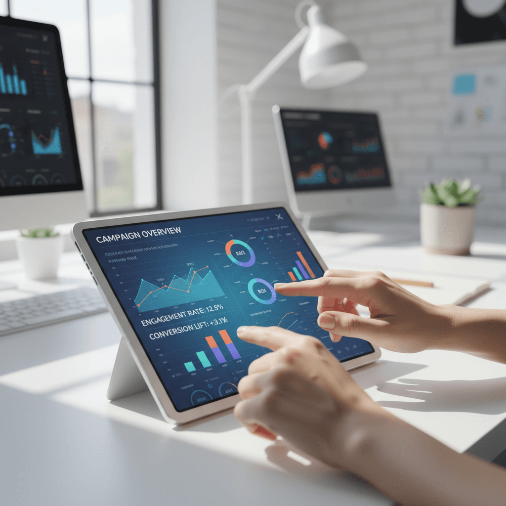 Marketing professional reviewing audience analytics on a laptop in a bright office